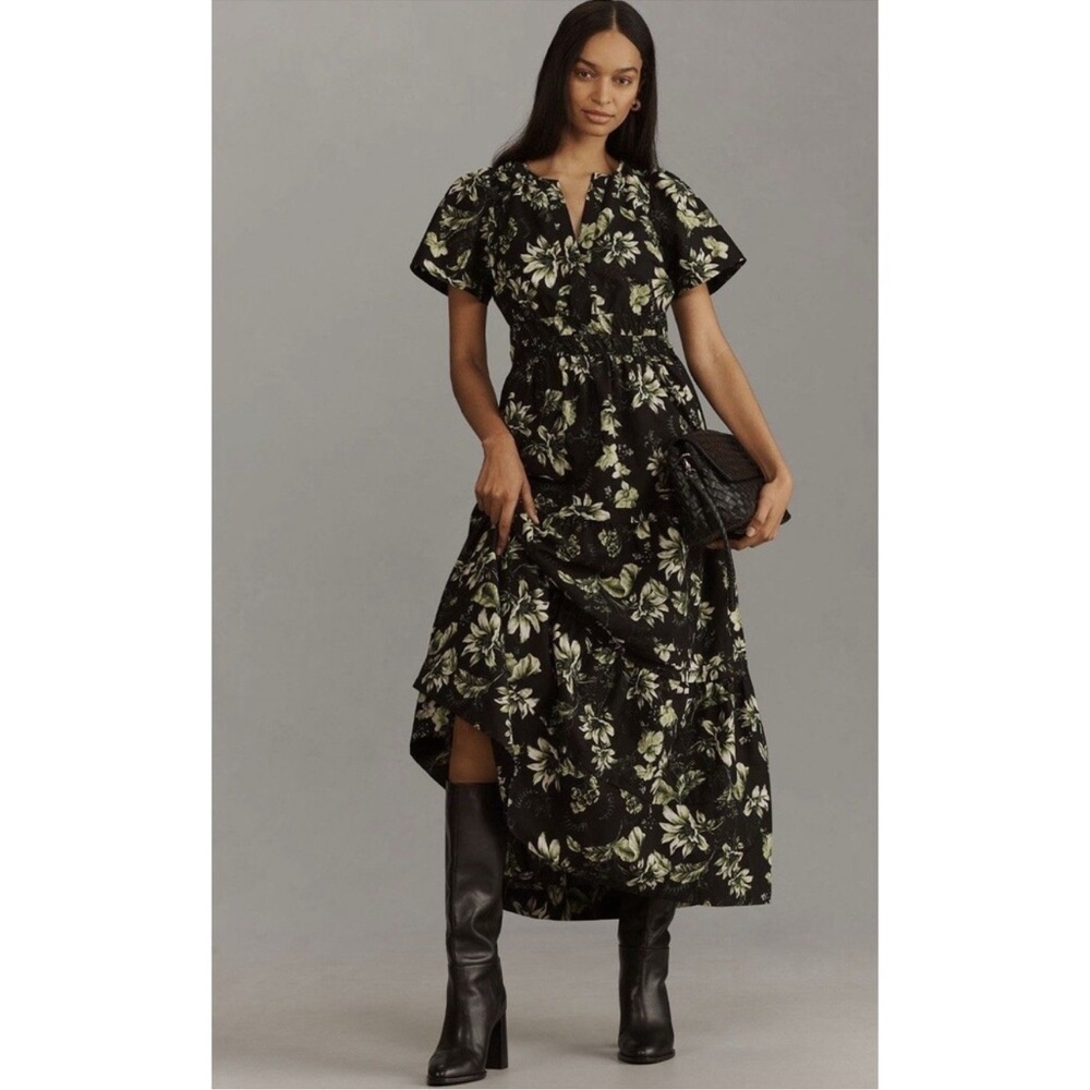 NWT! Anthropologie Maxi Dress Women Somerset Green Floral Cotton Preppy Vacay 🕸️